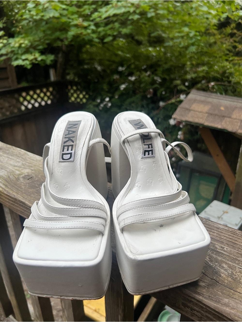 NAKED WOLFE Genuine Leather White Ivory Strappy Platform Chunky Sandals Heels - Picture 10 of 12